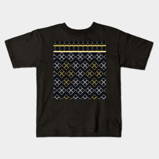 The black background fabric pattern is contrasted with white and yellow. Kids T-Shirt